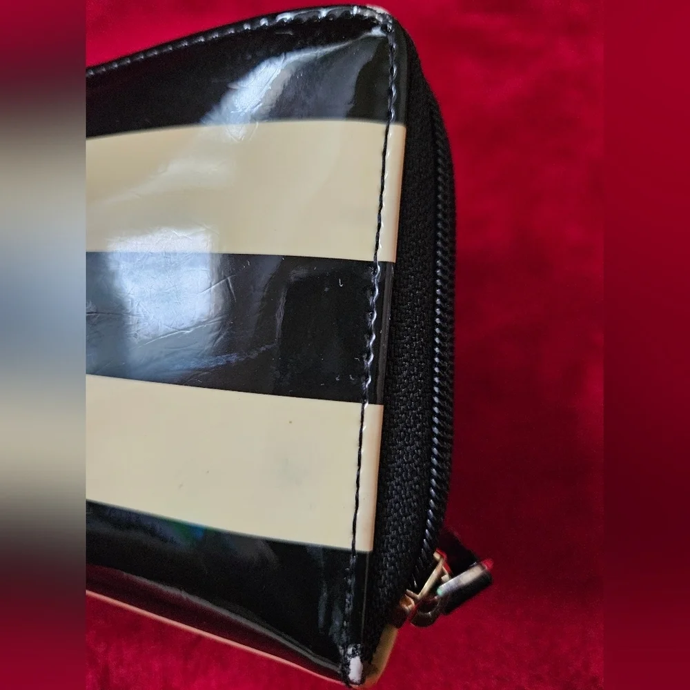 Kate Spade Black and Cream Striped Patent Leather Wallet